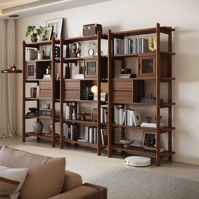 新中式博古架黑胡桃木书架茶叶展示柜落地客厅多宝阁书柜组合DH15