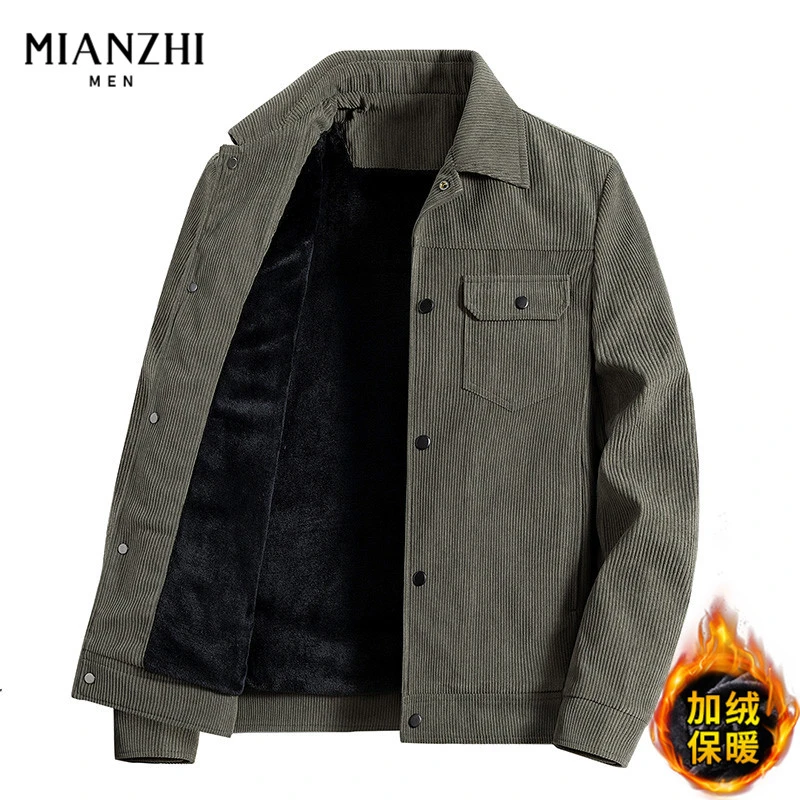棉致灯芯绒翻领夹克男士外套秋冬季新款百搭加绒休闲高档男装衣服