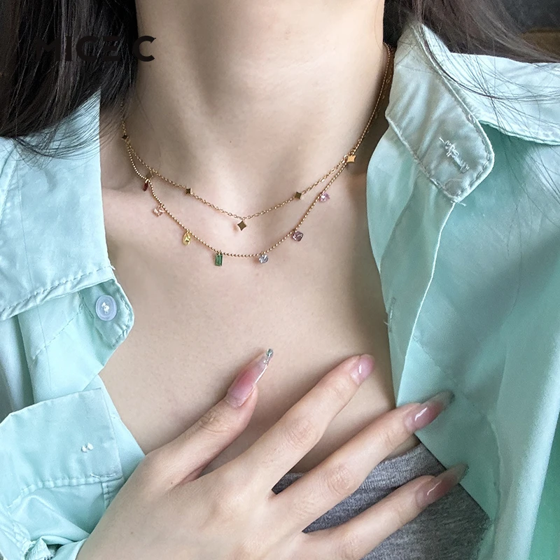 钛钢项链 显白套装方块彩石项链 钛钢不掉色 复古简约金色 40+5cm