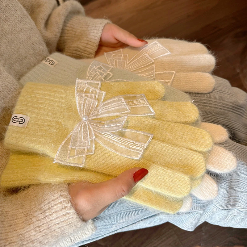 韩版ins蕾丝蝴蝶结针织毛线手套女冬季分指防寒潮骑行手套可触屏