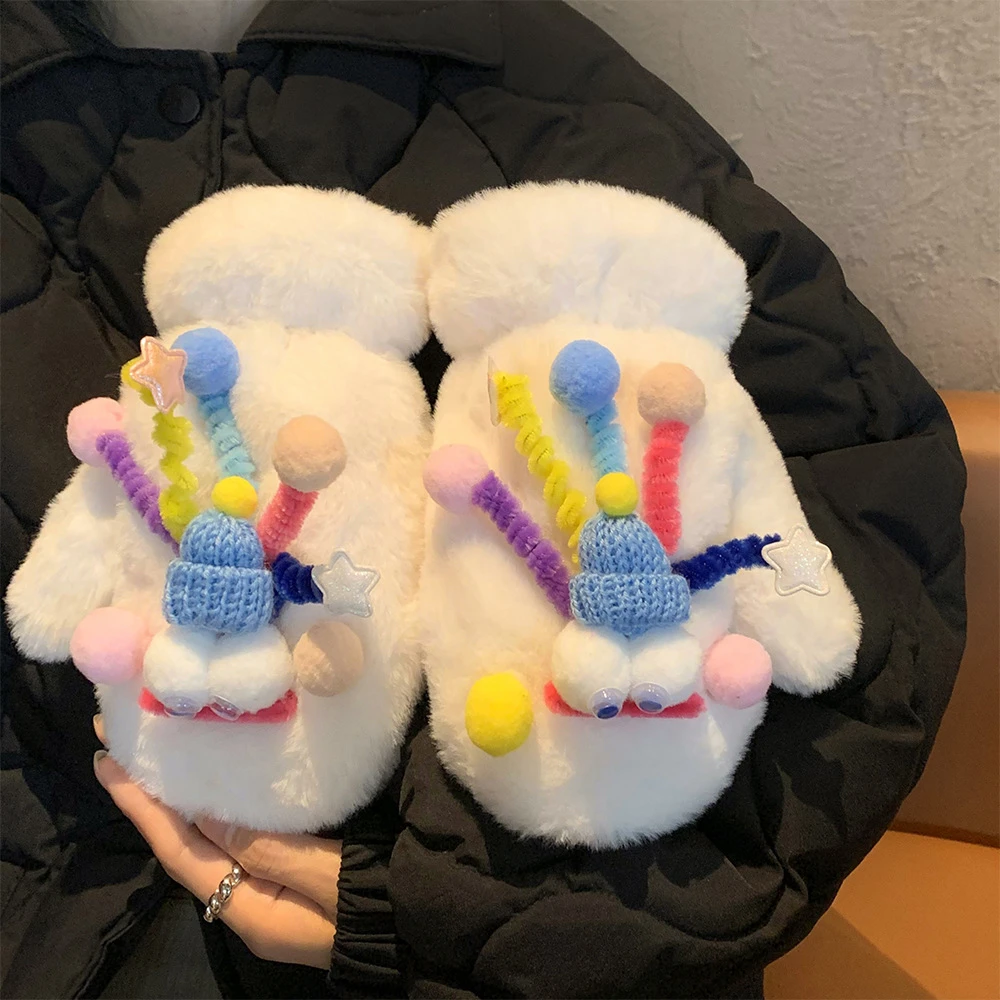 韩系可爱女冬季保暖毛绒手套学生骑行连指手套加绒加厚防寒潮