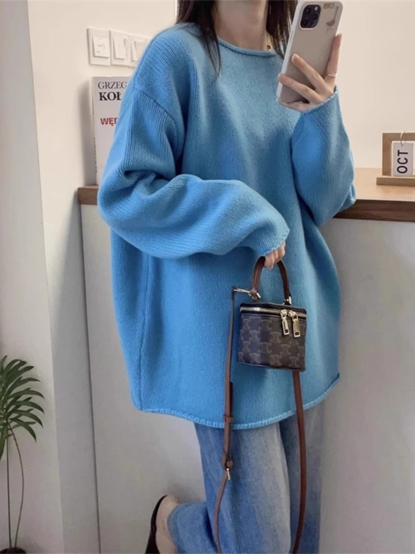 卷边圆领毛衣女宽松外穿秋季新款韩版慵懒风气质针织衫套头上衣服