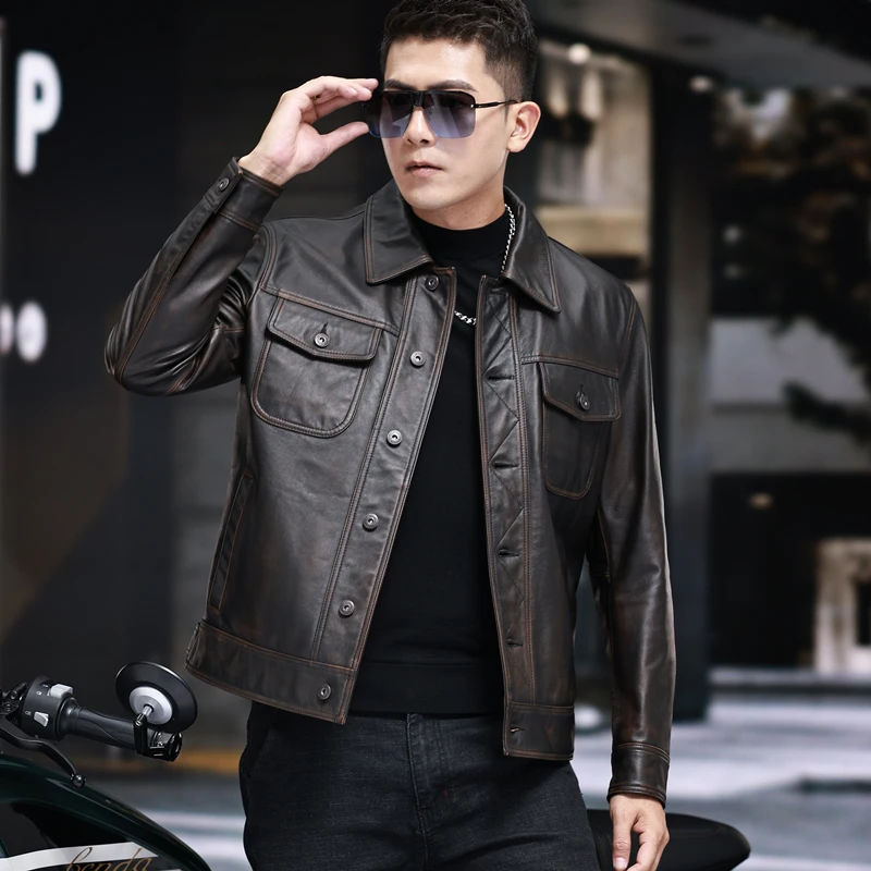 秋季新款复古港风皮衣翻领男士真皮牛皮潮流百搭短款男帅气皮夹克