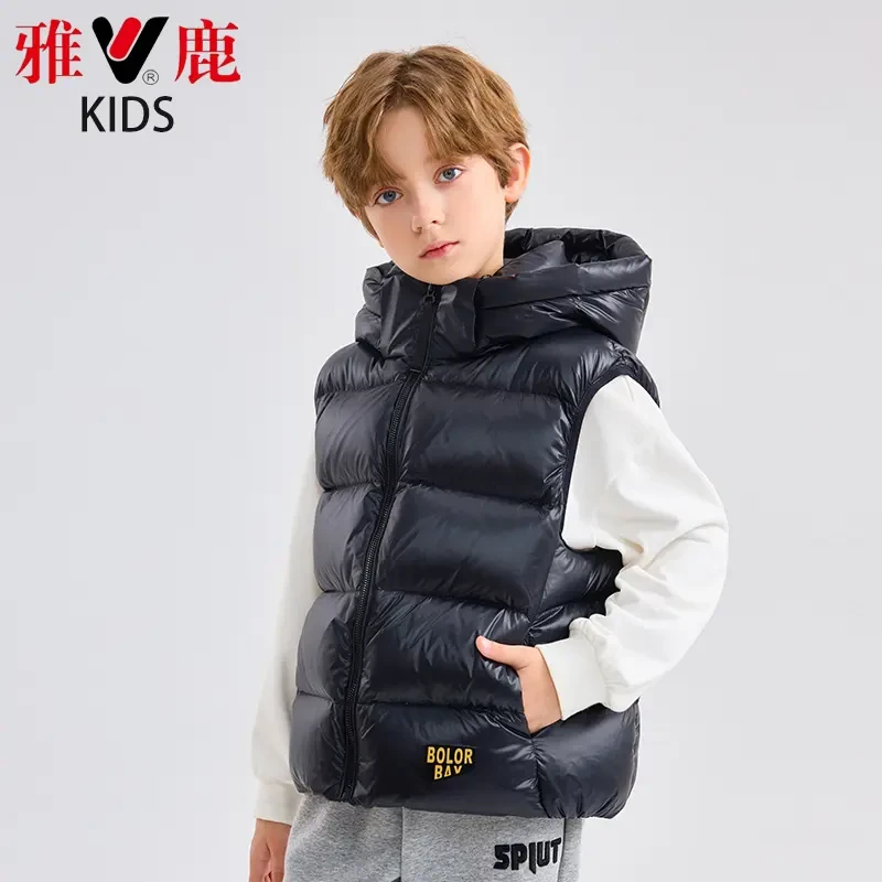 雅鹿童装儿童羽绒马甲冬季加厚男童女童中大童可拆卸帽外穿背心