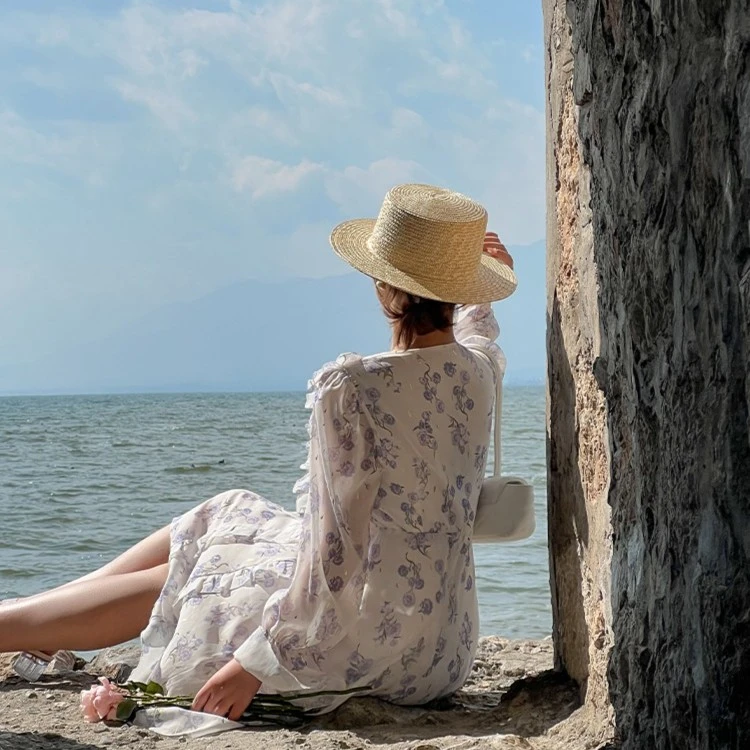 粉色恋情 法式显瘦百褶荷叶边碎花连衣裙0022