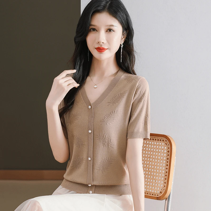 纯色V领提花针织假开衫夏季新款时尚冰丝薄款短袖T恤洋气短款小衫