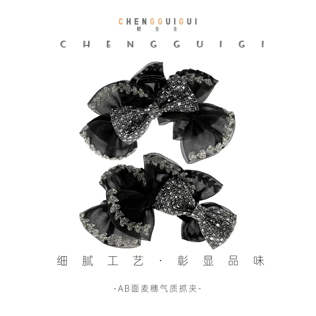 新款麦穗AB面蝴蝶结高级感网纱抓夹女新款后脑勺盘发夹鲨鱼夹发卡