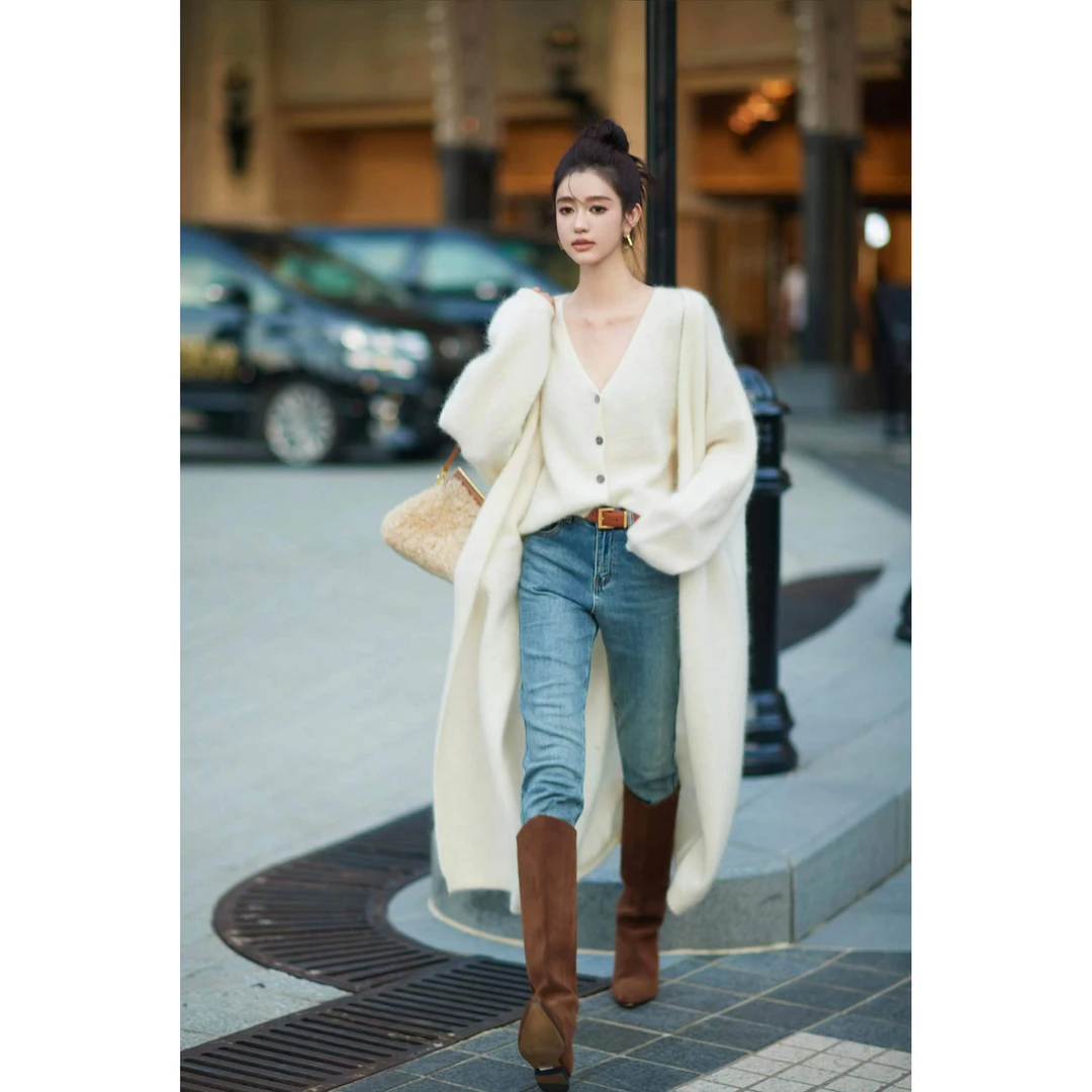奶油慕斯 高比例马海毛套装V领马甲背心+长款开衫 MY3716