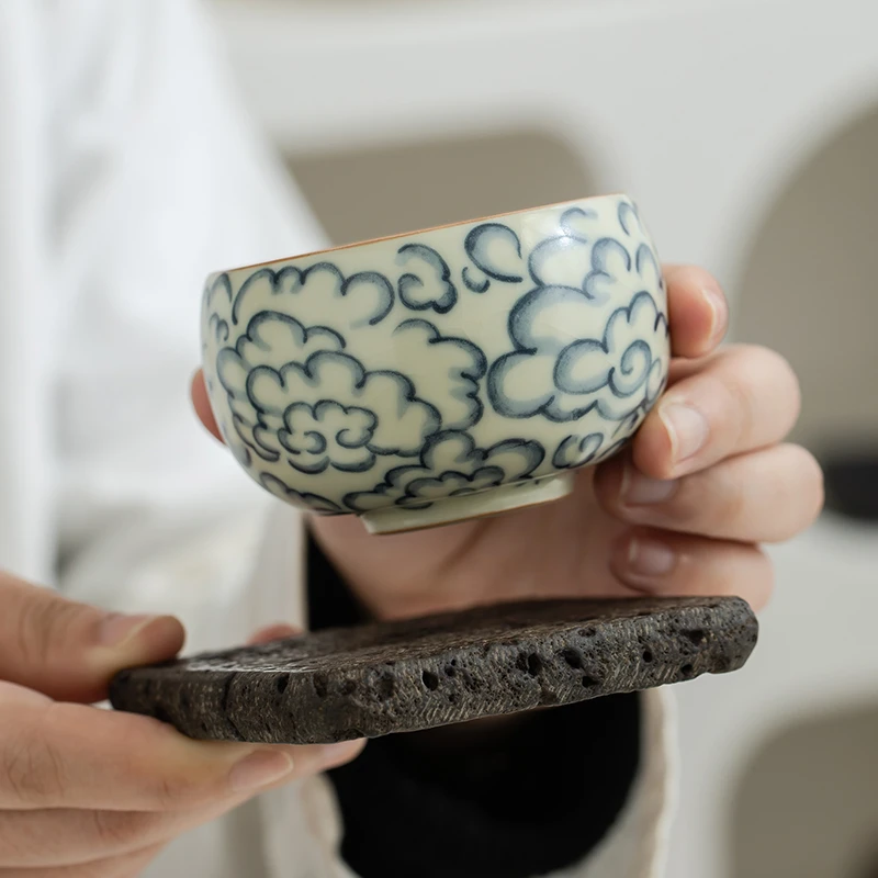 汝窑祥云茶杯主人杯家用复古开片单杯中式陶瓷喝茶杯创意品茗茶杯