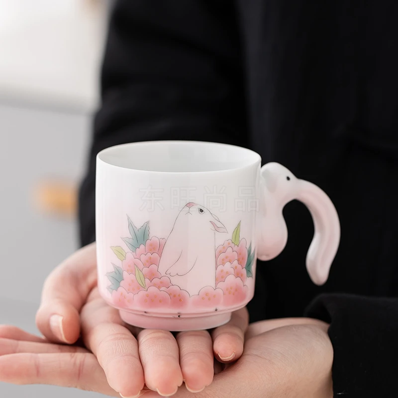 东旺尚品茶器 创意琦家粉兔子把手杯陶瓷功夫茶具送礼咖啡杯AB153