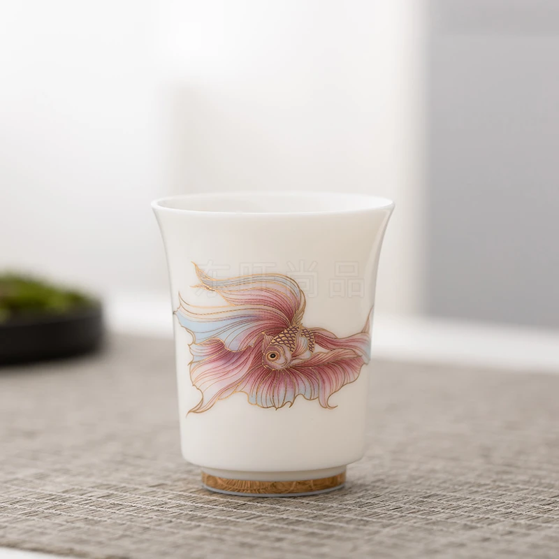 东旺尚品茶器 羊脂玉鱼杯白瓷功夫茶具家用主人杯品茗杯陶瓷AB010