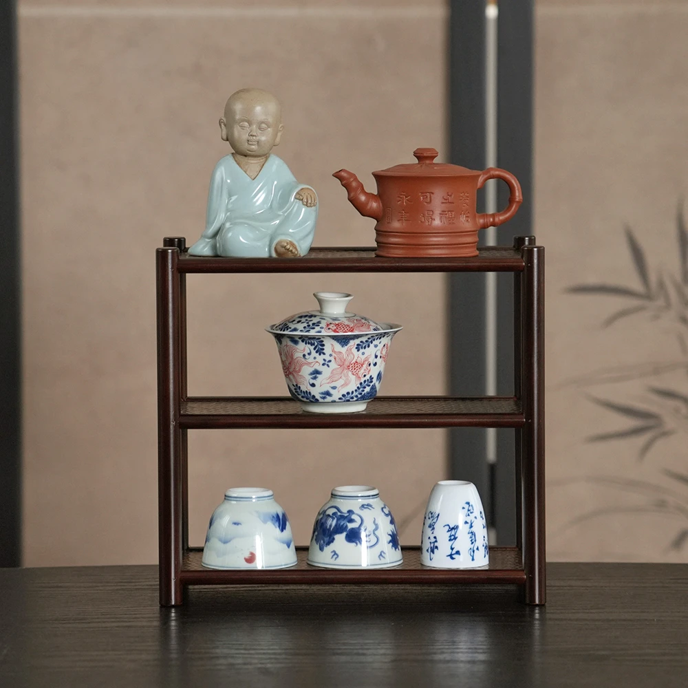 【素味】楠竹竹编三层架子杯架壶架家用喝茶道具功夫茶道