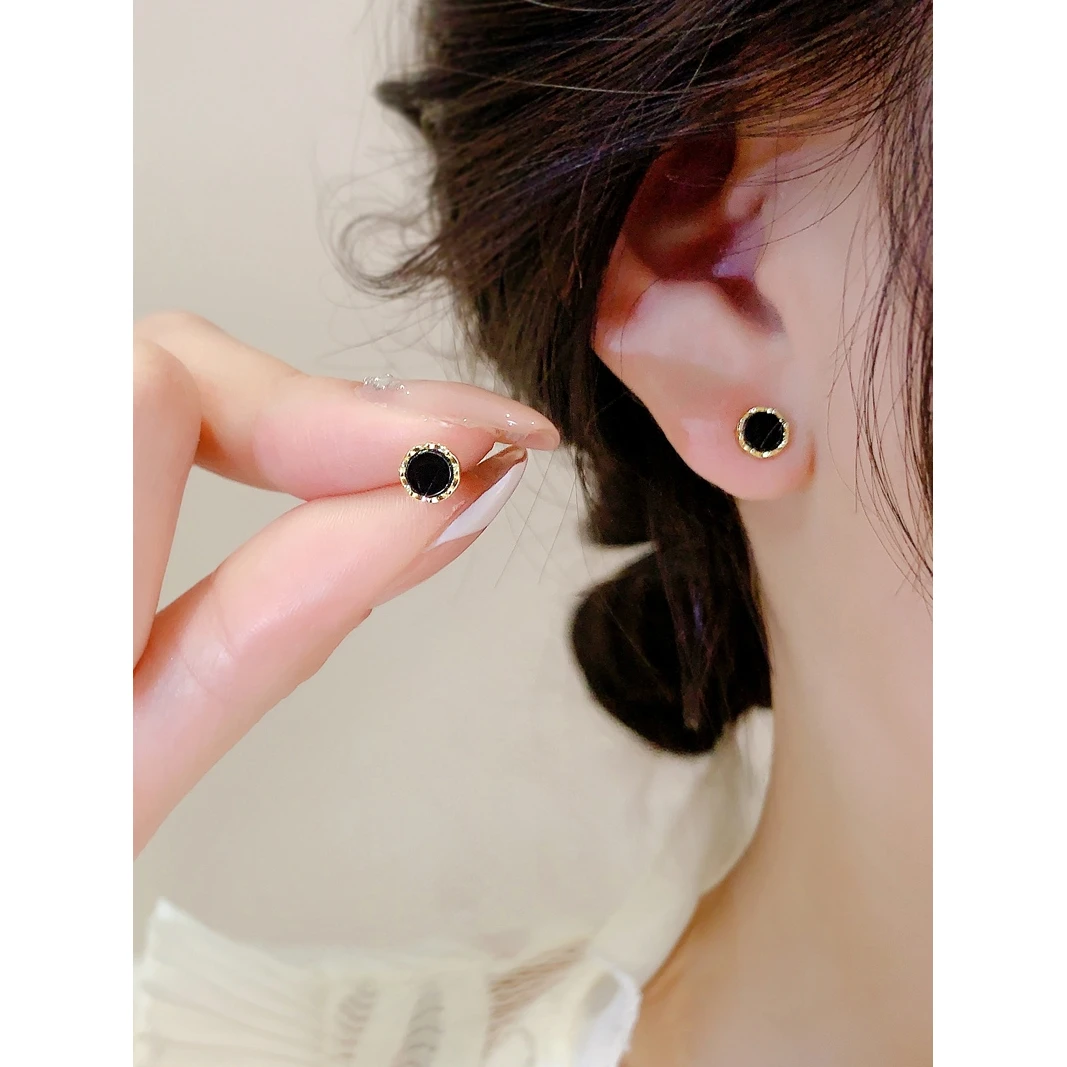 925银耳饰 黑色耳钉纯银新款2025爆款圆形耳环秋冬高级感轻奢精致