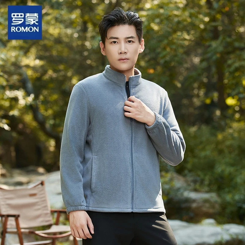Romon/罗蒙秋冬季休闲纯色简约风防风保暖半高领男士摇粒绒外套