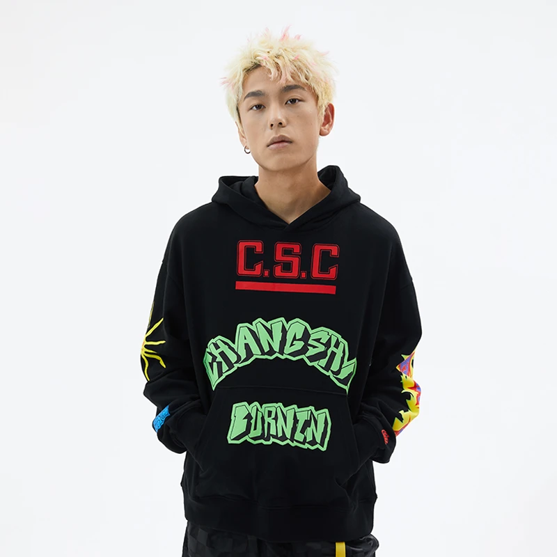 BURNIN*图案排版 连帽卫衣时尚宽松套头秋季运动宽松连帽嘻哈美式