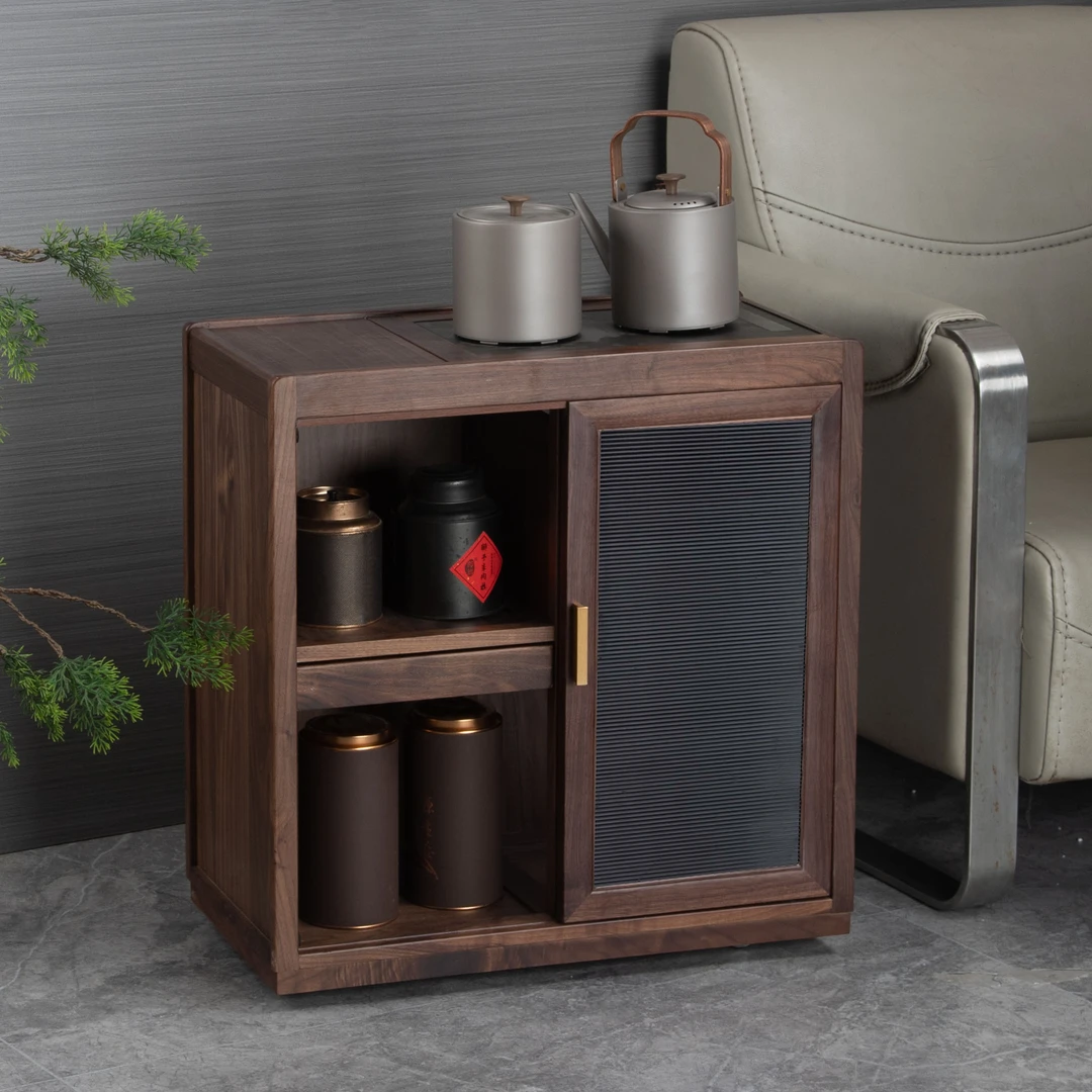 北美黑胡桃移动茶水柜实木茶边柜烧水柜烧水壶一体边几泡茶台茶桌