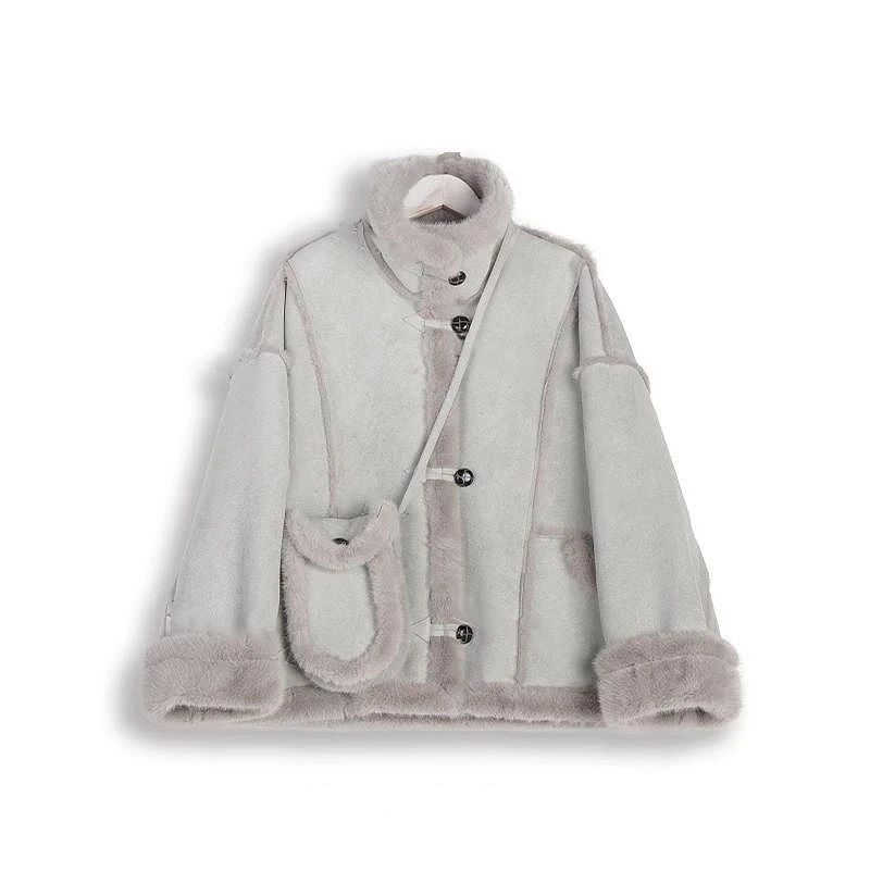 【送包包】时尚慵懒风设计感立领机车服冬季新款加厚小米貂短外套