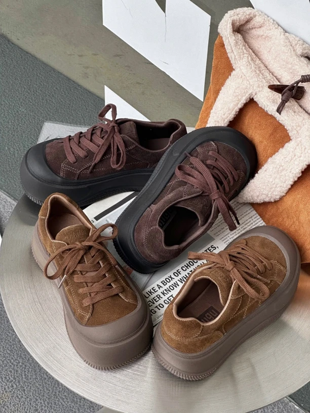 AIMIQI2024秋冬真皮厚底面包鞋女显脚小轻便休闲百搭运动鞋板鞋