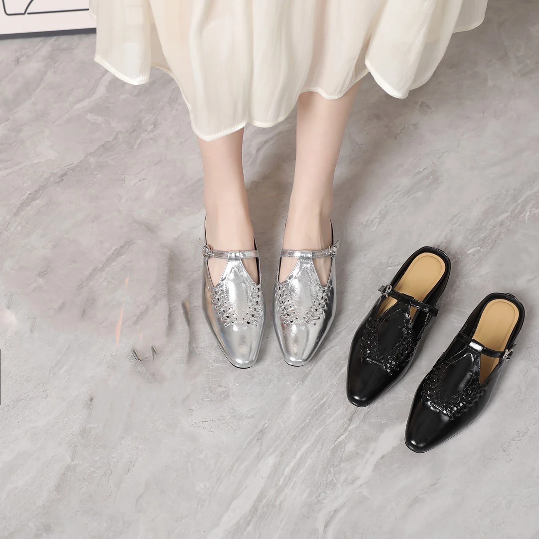 艾米奇欧货真皮女鞋2024夏款小圆头编织复古包头拖鞋外穿平底凉拖