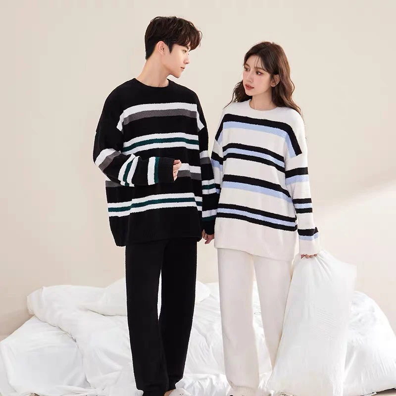 情侣款软绵绵半边绒秋冬款网红时尚条纹韩版家居服可外穿睡衣套装