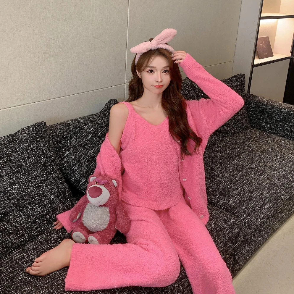 素舒尔半边绒秋冬新款女士玫瑰粉三件套家居服睡衣加绒加厚可外穿
