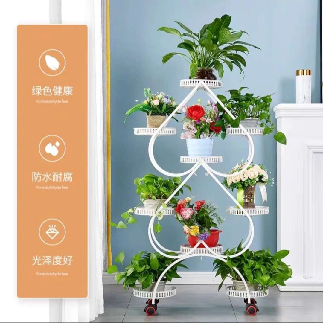 【商城】花架置物架铁艺多层带轮落地式加大加高架厅阳台爱心花架子