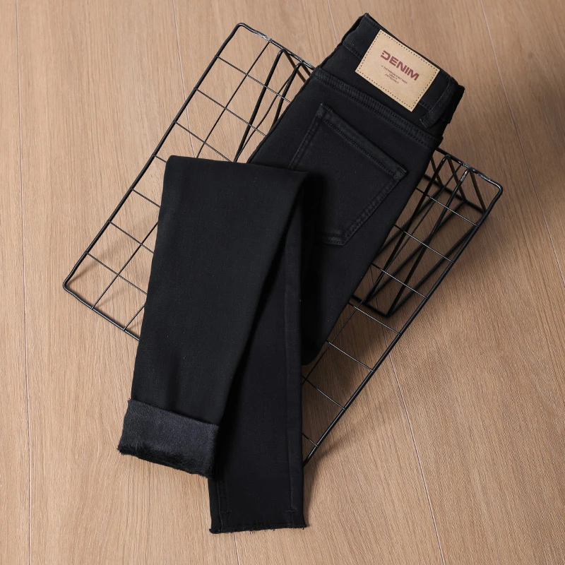 黑色高腰显瘦小脚牛仔裤女2025秋冬新款加绒加厚弹力紧身铅笔裤子