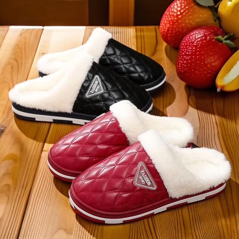 MAITEDUO/迈特哆冬季2024新款PU皮加绒保暖防滑厚底防水棉拖鞋