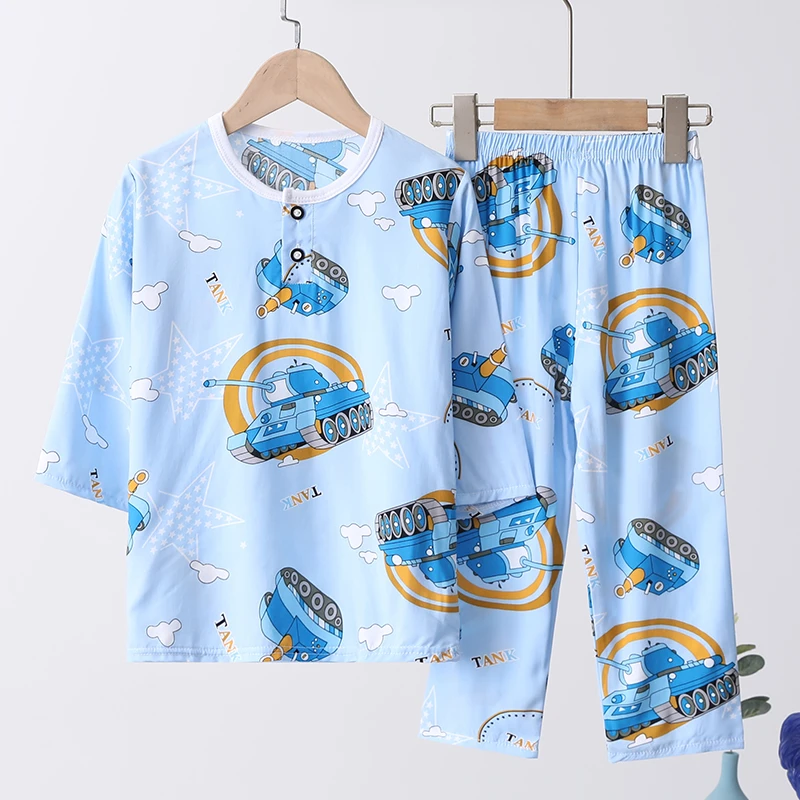 夏季儿童睡衣绵绸套装薄款小孩男童女童中大童宝宝空调服家居服