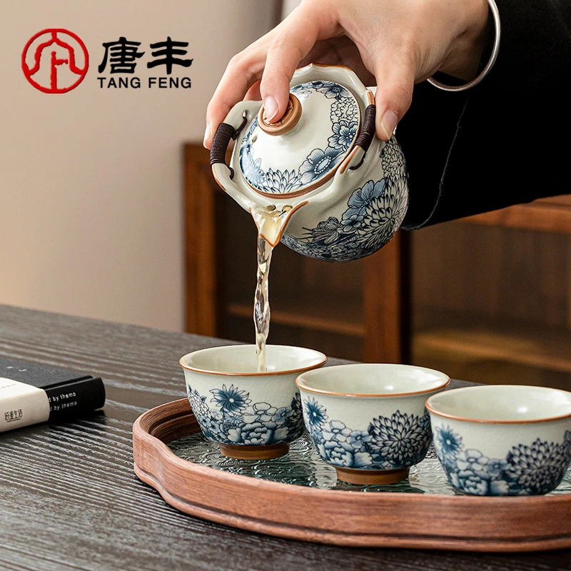 唐丰汝窑青花手抓壶小套装家用新中式防烫泡茶壶茶杯喝茶干泡茶台