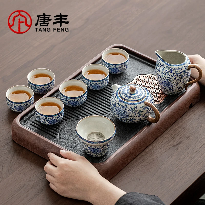 唐丰新款汝窑青花茶具茶台家用办公室高档茶壶茶杯干泡缠枝创意