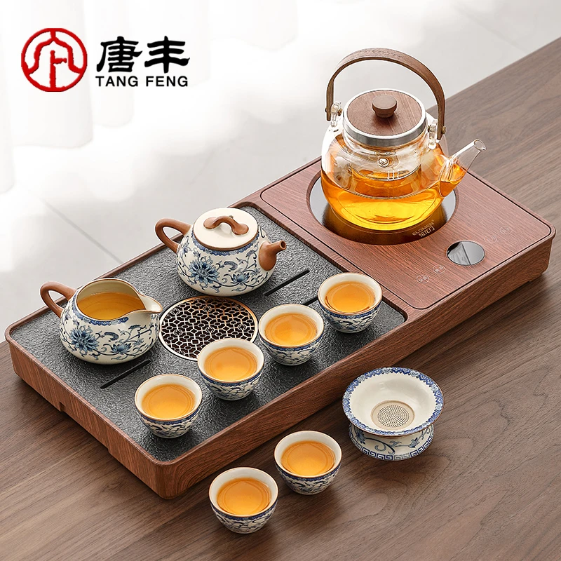 唐丰汝窑青花茶具套装家用办公室泡茶具茶台一整套自动一体茶盘