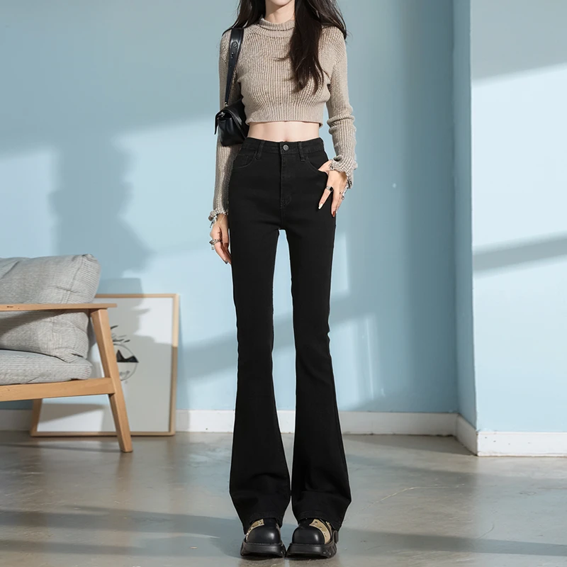 黑色弹力微喇牛仔裤女秋季新款高腰大码胖mm显瘦梨形身材马蹄裤子