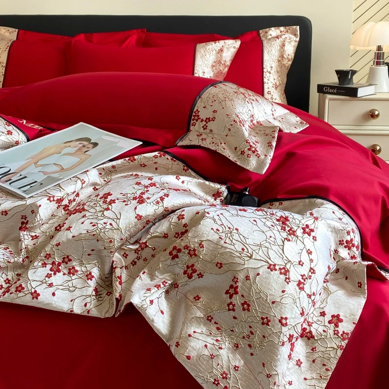 水星高端系列家纺160支长绒棉婚庆四件套全棉大红色新婚刺绣喜被
