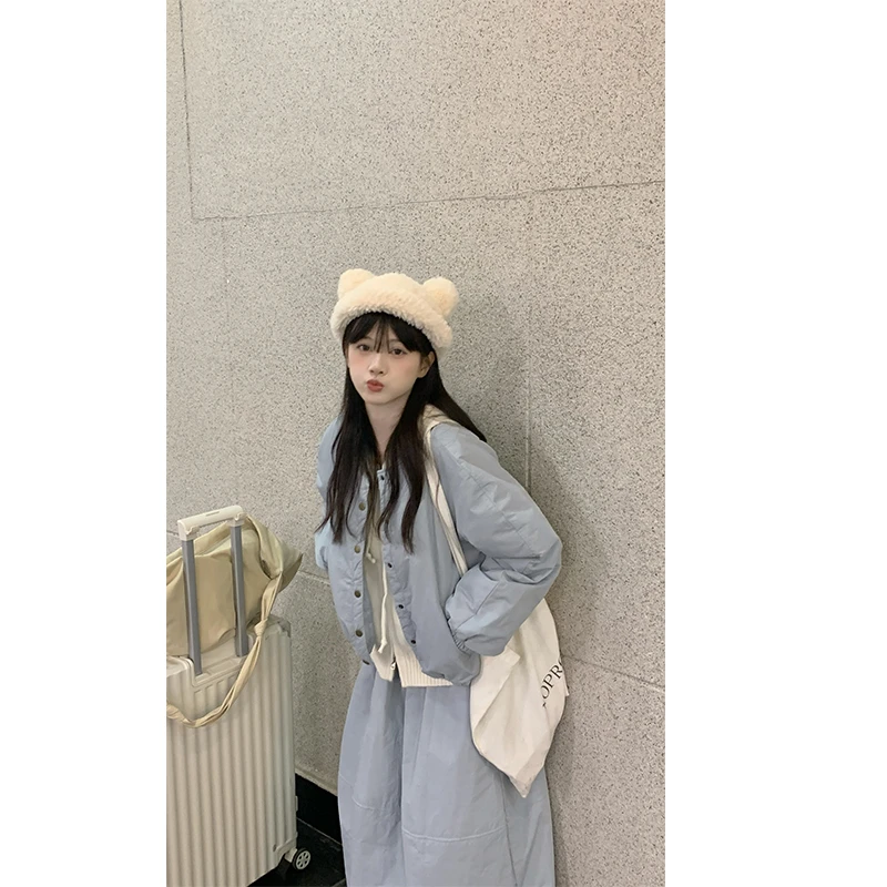 【陈仔】韩系休闲夹薄棉套装 宽松棉服外套马甲松紧腰半身裙套装4