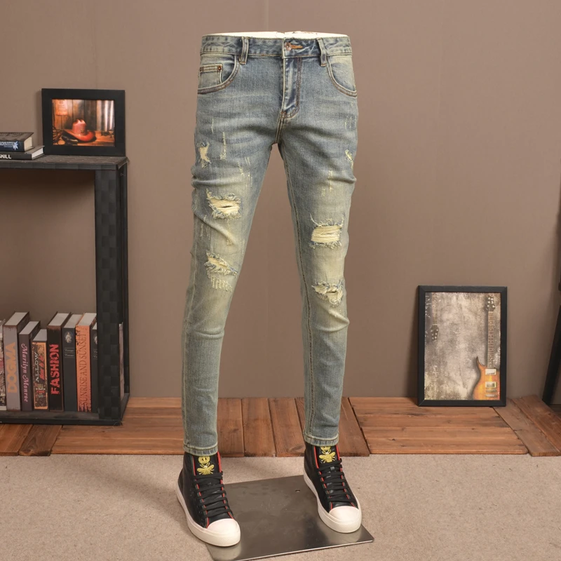 AEMAPE高端复古破洞牛仔裤男潮牌弹力修身小脚补丁紧身休闲长裤男