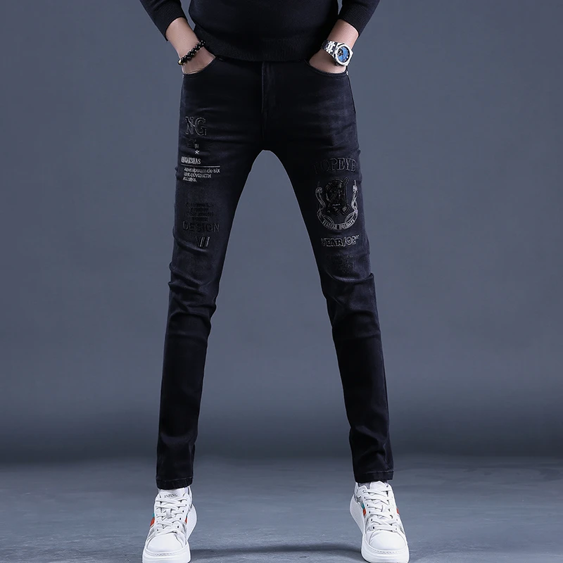 AEMAPE秋冬加绒高端潮牌刺绣印花牛仔裤男保暖弹力休闲修身小脚裤