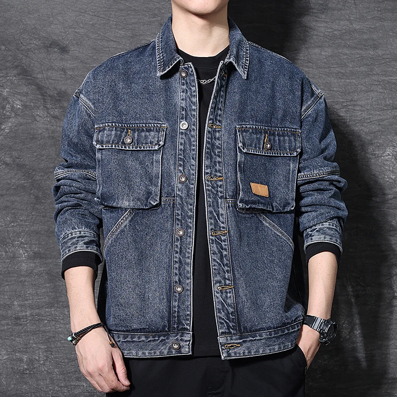 AEMAPE水洗牛仔夹克男秋冬款宽松开衫多口袋拼接翻领舒适休闲外套