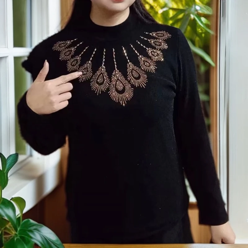 洋气修身半高领烫钻中年妈妈女装打底衫新款显瘦纯色百搭上衣T桖