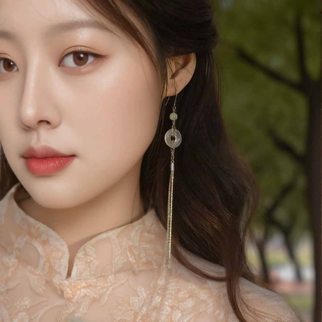 合金耳饰 新中式平安扣流苏耳环气质时尚百搭复古国风古风长款