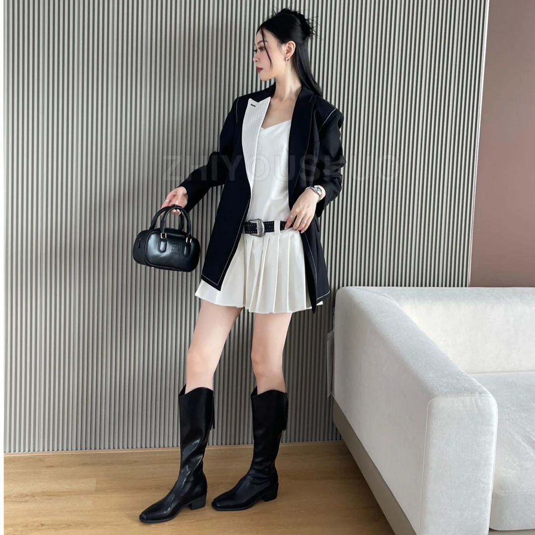 骑士靴软皮后拉链复古美拉德气质显瘦简约不过膝中筒靴女靴小个子