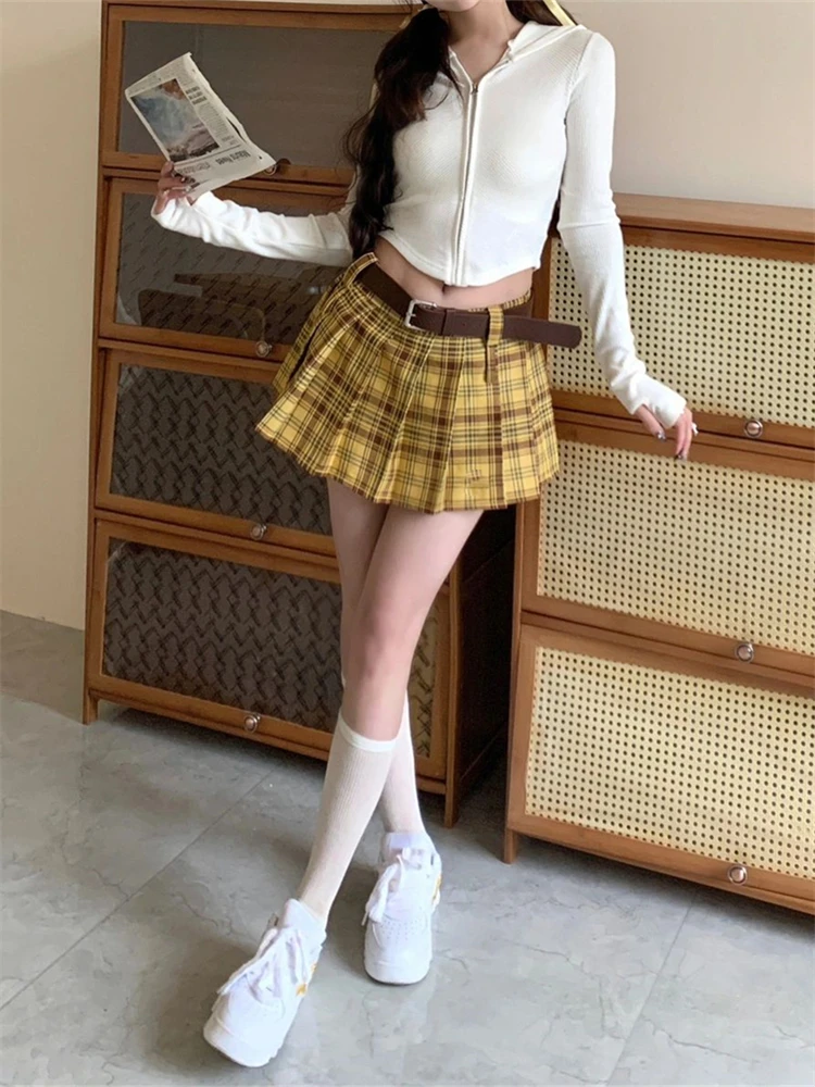 大码美式辣妹格子百褶裙女2023胖mm高腰防走光短裙高街a字半身裙