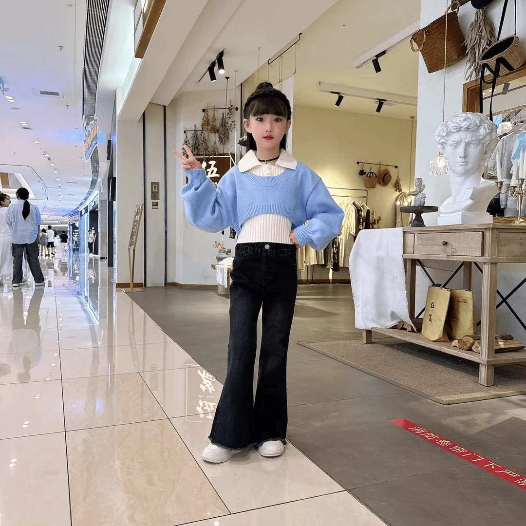 女童春秋套装2024新款儿童韩版时髦衬衫毛衣两件套洋气牛仔喇叭裤