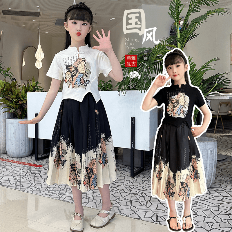 马面裙女童夏季中式短袖套装2024新款洋气时髦复古国风裙子两件套