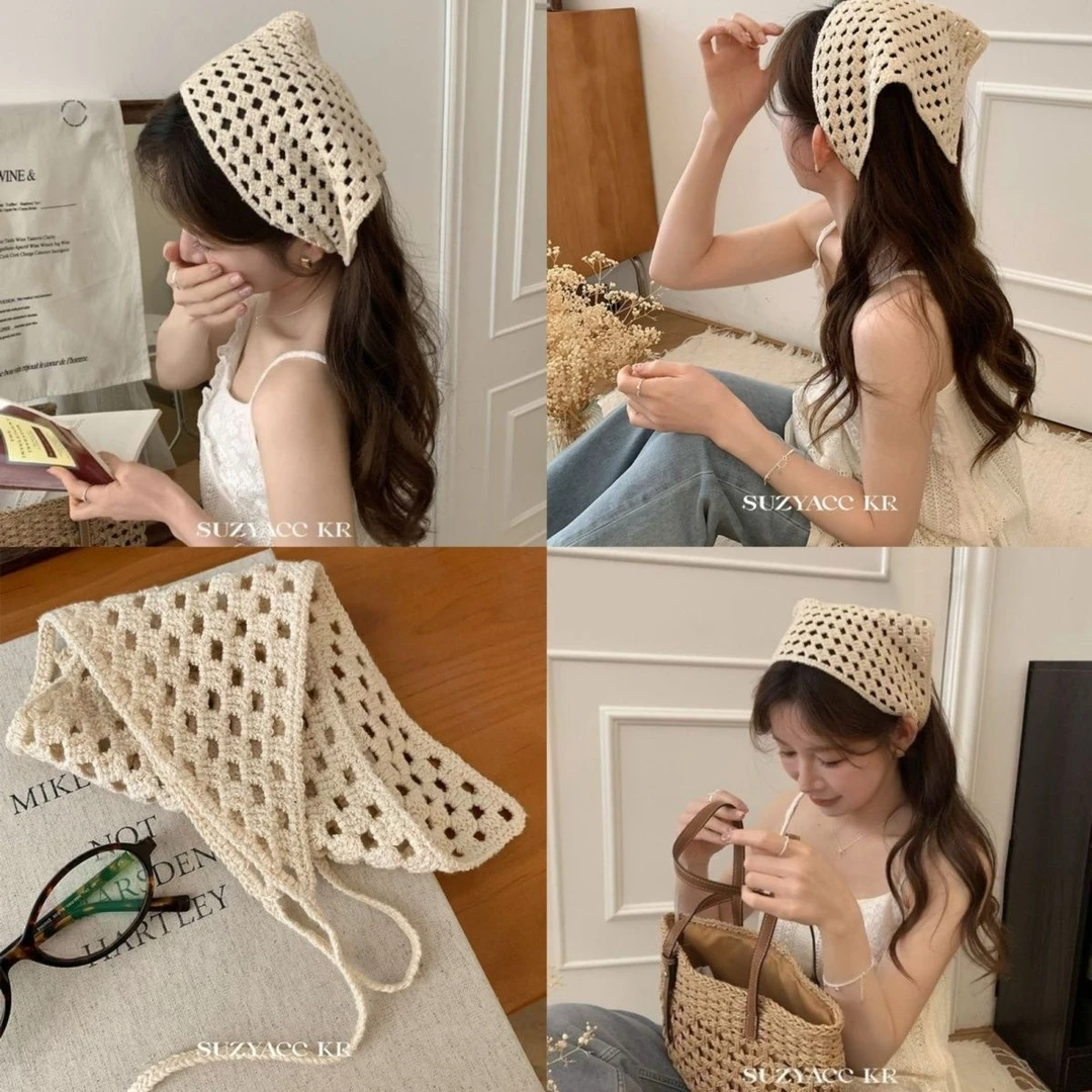 suzyacc kr镂空钩花田园风三角头巾法式复古森系发饰凹造型发带女