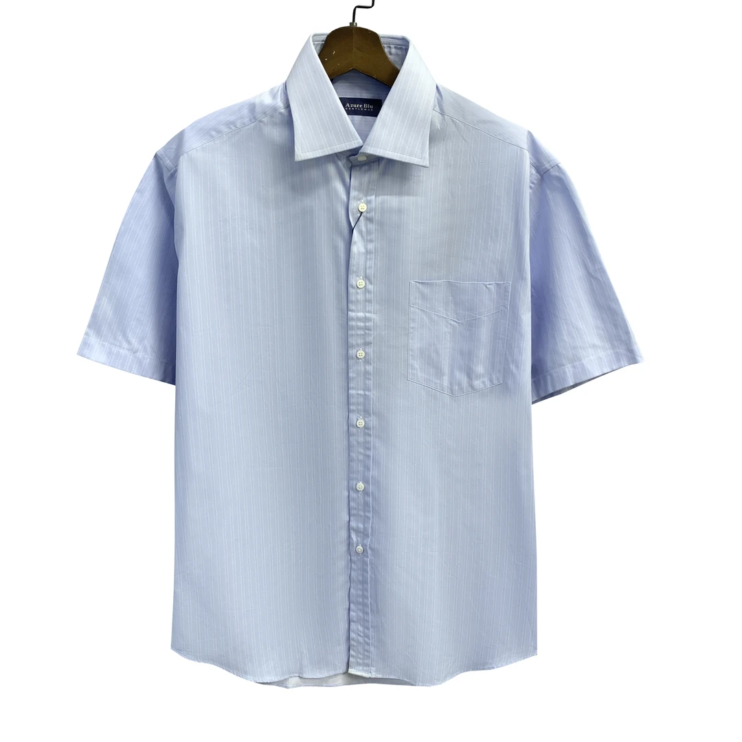 A爱其【高支高密】浅蓝色竖条纹贝壳扣进口100长绒棉商务衬衫1749