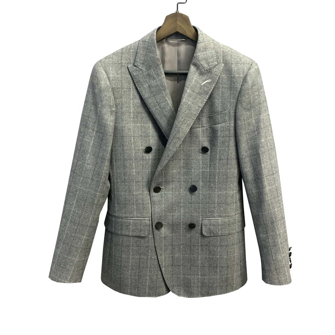 鸟【双排扣-100羊毛】灰色格纹戗驳领秋冬磨毛厚西服单西XZ022