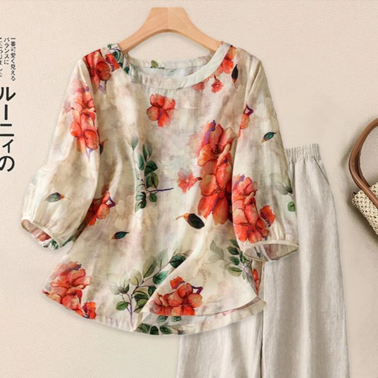 高端亚麻棉麻印花七分袖衬衫套装女妈妈夏装苎麻上衣阔腿裤两件套