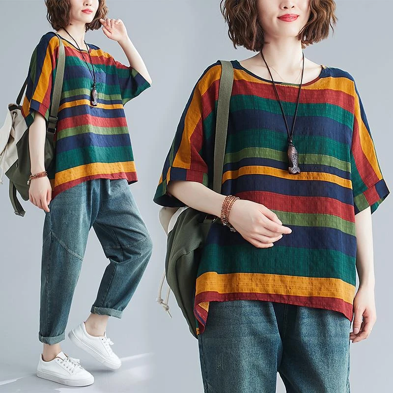 胖MM大码女装夏季新款彩虹条纹棉麻蝙蝠袖T恤遮肉显瘦宽松上衣薄