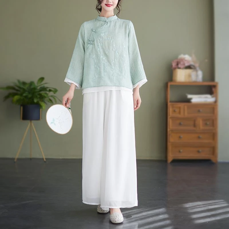 新中式国风仙气汉服棉麻套装女大码春秋禅意茶服禅修改良旗袍上衣